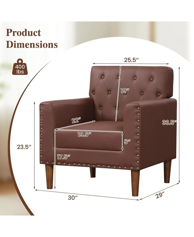 Gouun Mid-Century Button Tufted Accent Chair with Faux Leather Upholstery and Rivets