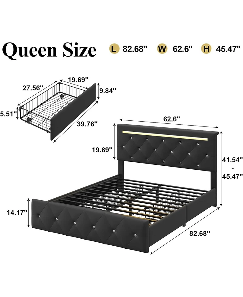 Lucky One Bed Frame with Led Light and 4 Storage Drawers