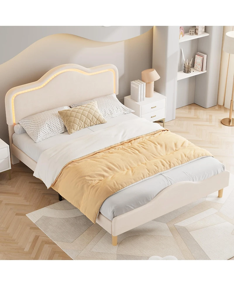 Homfan Kids Led Upholstered Bed Frame with Adjustable Headboard & Footboard, Sturdy Wooden Slats