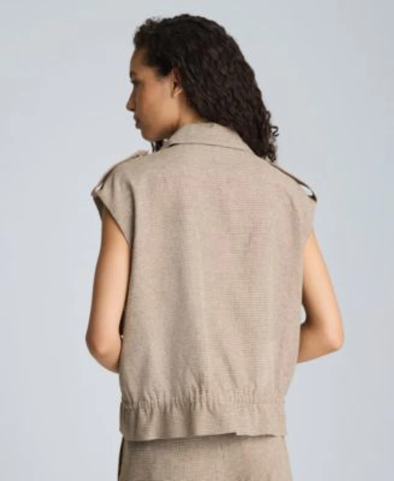 Kenneth Cole Womens Houndstooth Relaxed Fit Linen Blend Vest High Rise Triple Pleated Pants