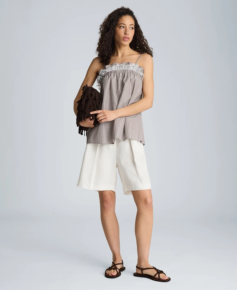 Kenneth Cole Women's Cotton Shirred Neck Lace Trim Camisole