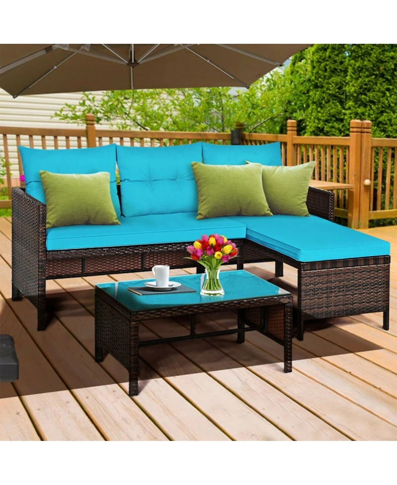 Clihome 3 Pieces Outdoor Patio Corner Rattan Sofa Set with Table