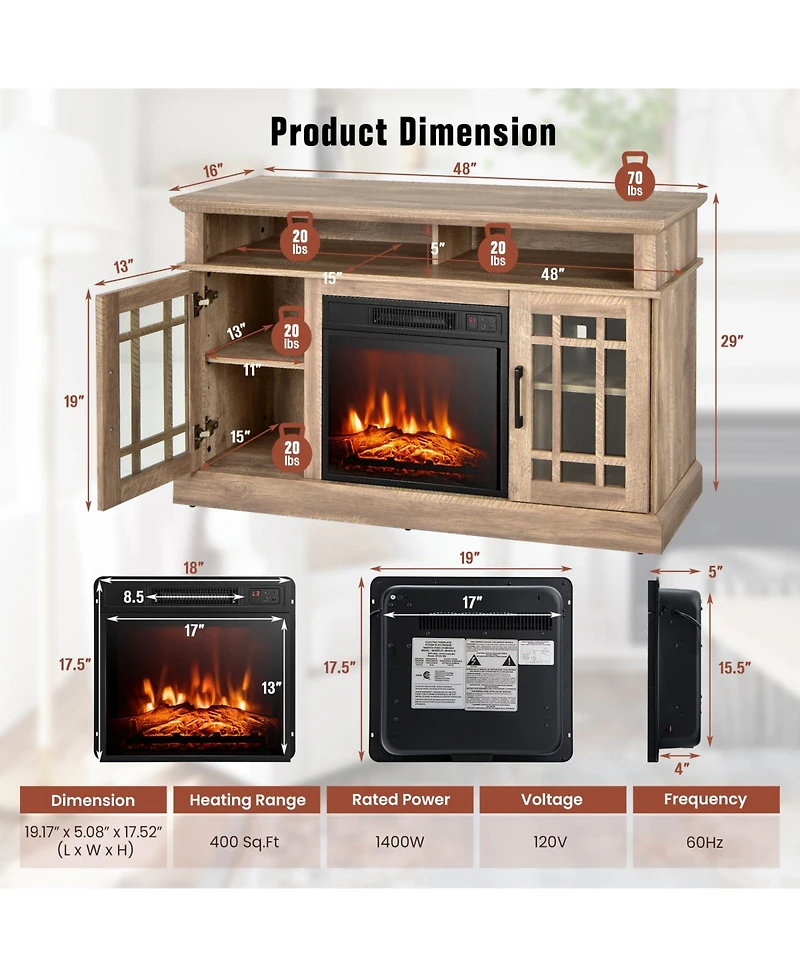 Gouun 48-Inch Electric Fireplace Tv Stand with Remote for TVs Up to 55 Inches