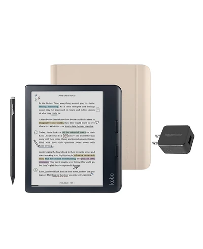 Kobo Libra Colour eReader with Sand Beige Notebook SleepCover Case, Stylus and Ac Bundle