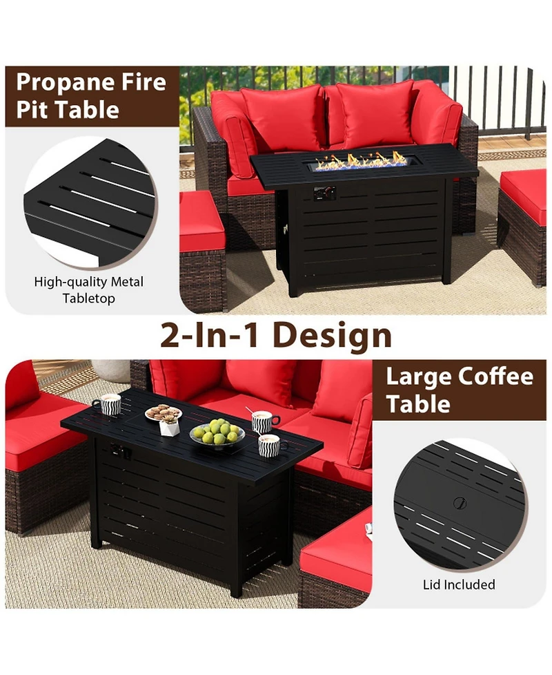 Gouun 5-Piece Rattan Sofa Set with 60,000 Btu 2-in-1 Firepit Table and Ottoman