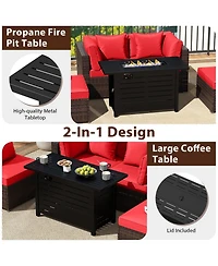 Gouun 5-Piece Rattan Sofa Set with 60,000 Btu 2-in-1 Firepit Table and Ottoman