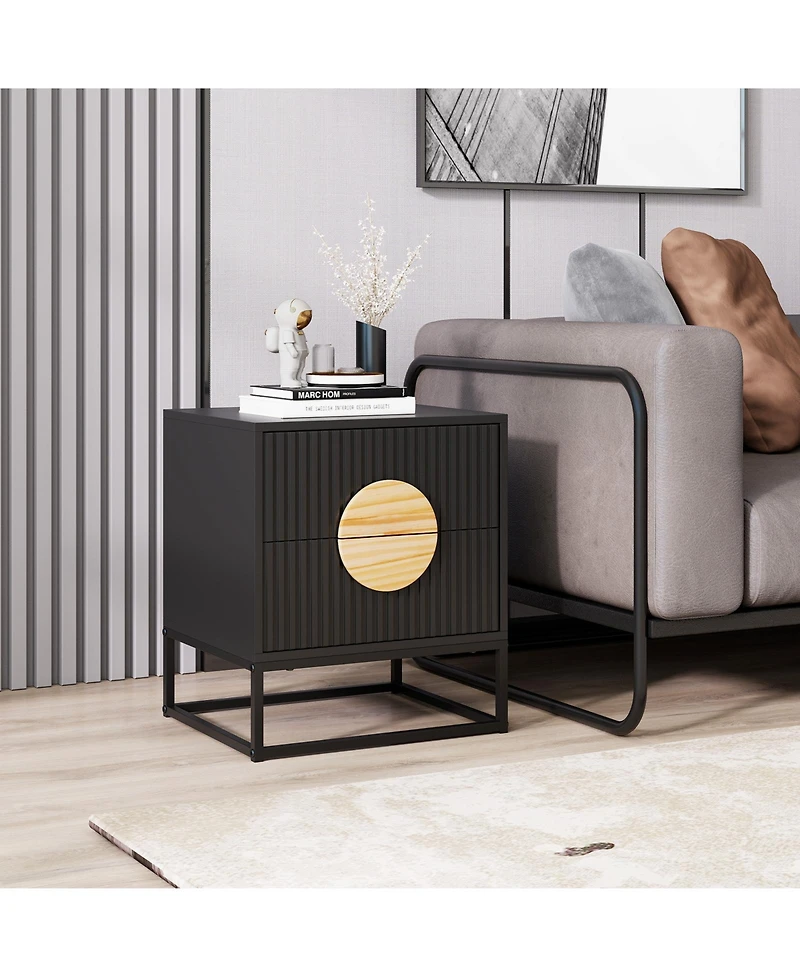 Gouun Mid-Century Fluted Nightstand with 2 Drawers and Pine Wood Handles