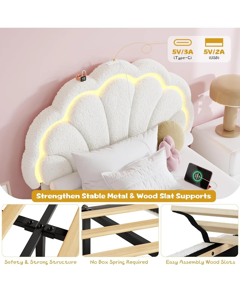 gaomon Upholstered Led Bed Frame with Storage Drawer and Adjustable Chic Headboard, Berber Fleece Princess Platform for Kids