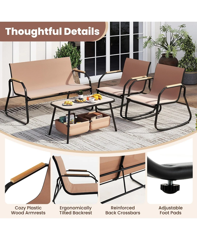 Sugift 4 Pieces Patio Furniture Set with Rocking Bistro Chairs and Breathable Mesh Fabric-Coffee