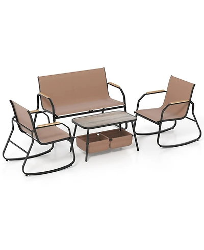 Sugift 4 Pieces Patio Furniture Set with Rocking Bistro Chairs and Breathable Mesh Fabric-Coffee