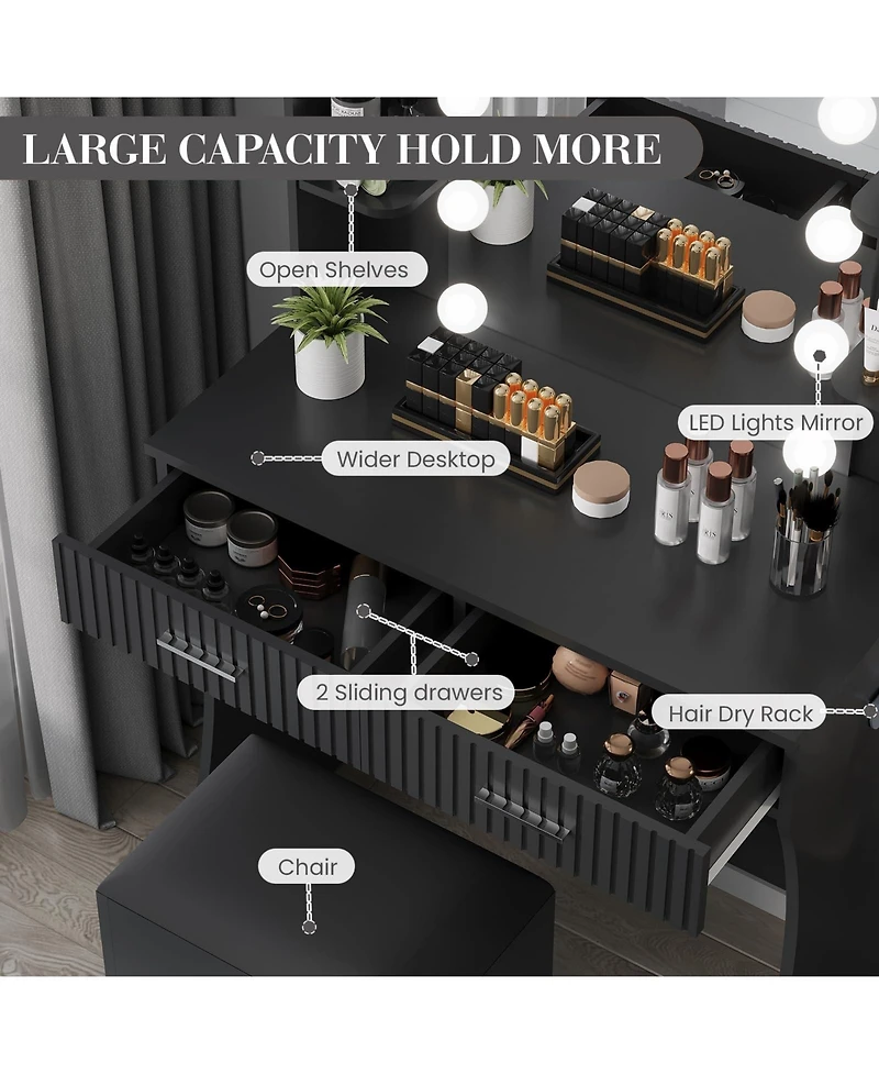 Homfan Makeup Vanity Desk with Mirror 12 Led Lights, Power Outlet, 2 Drawers, 6 Shelves, Hair Dryer Holder and Stool for Bedroom