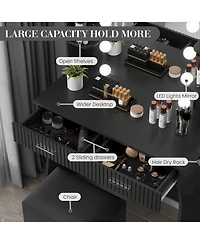 Homfan Makeup Vanity Desk with Mirror 12 Led Lights, Power Outlet, 2 Drawers, 6 Shelves, Hair Dryer Holder and Stool for Bedroom