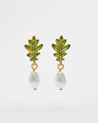 Fable England Oak Leaf Pearl Drop Gold Earrings