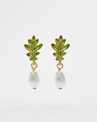 Fable England Oak Leaf Pearl Drop Gold Earrings