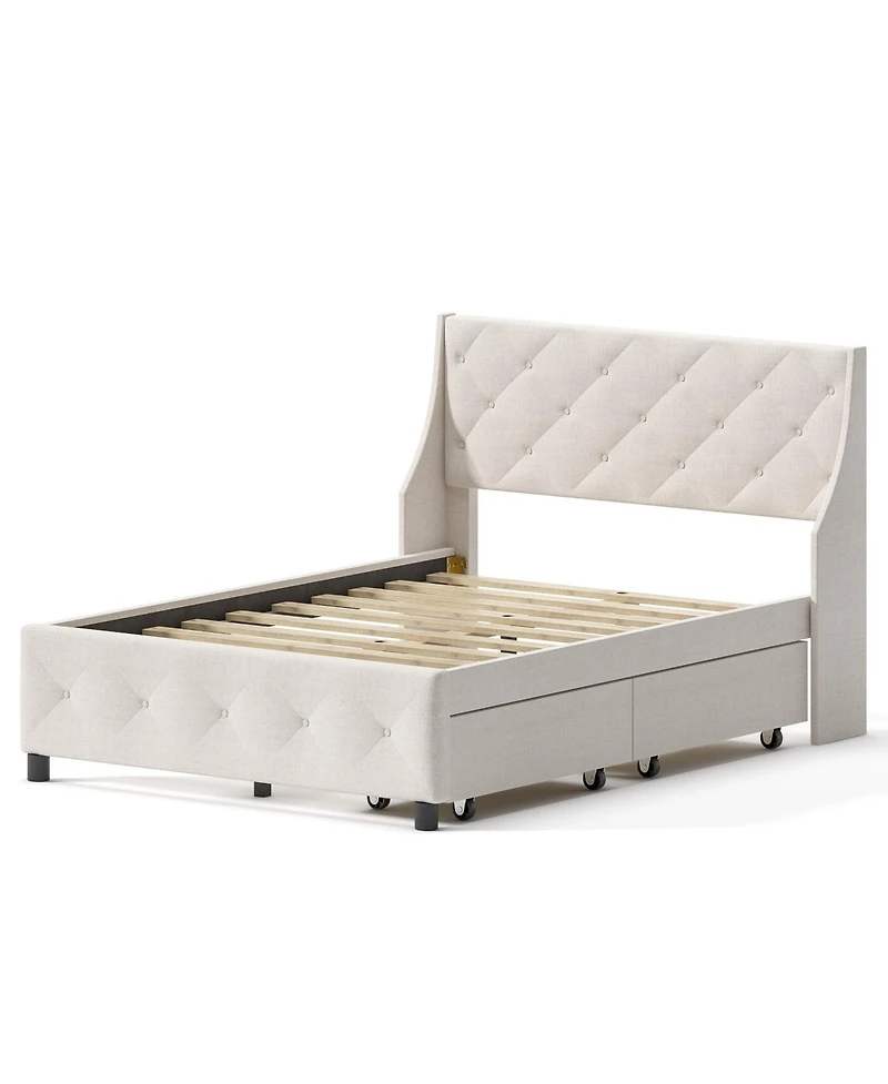 Lucky One Queen Size Bed Frame with Storage Headboard, Metal Platform Bed Noise Free