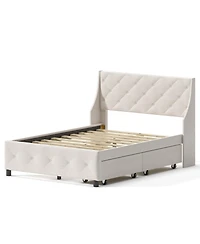 Lucky One Queen Size Bed Frame with Storage Headboard, Metal Platform Bed Noise Free