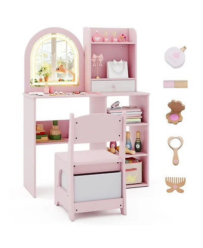 Gouun Kids Makeup Vanity Desk and Chair Set with 3-Color Led Mirror
