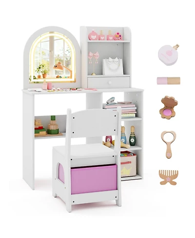Gouun Kids Makeup Vanity Desk and Chair Set with 3-Color Led Mirror