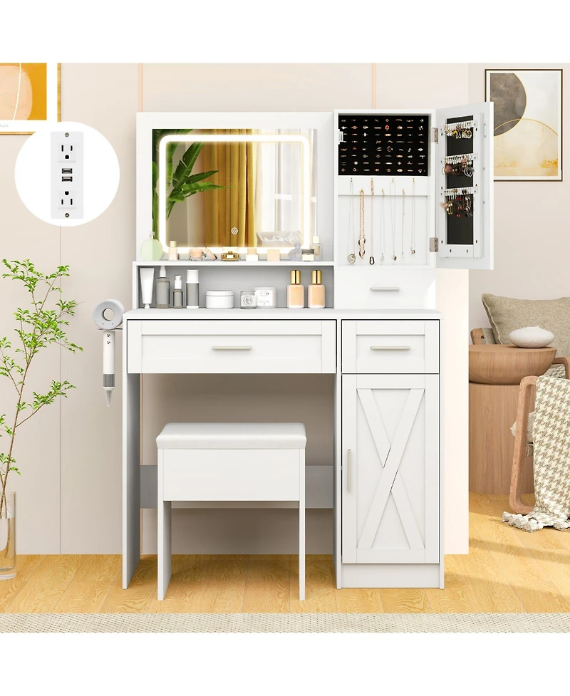 Gouun Makeup Vanity Desk with Led Lighted Mirror, Jewelry Cabinet and Stool Set