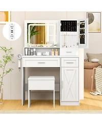 Gouun Makeup Vanity Desk with Led Lighted Mirror, Jewelry Cabinet and Stool Set