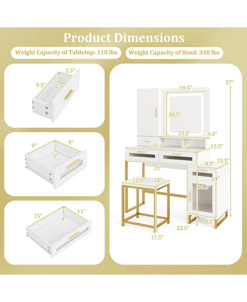 Gouun 44 in Makeup Vanity Desk and Stool Set with Lighted Mirror and Charging Station
