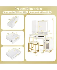 Gouun 44 in Makeup Vanity Desk and Stool Set with Lighted Mirror and Charging Station