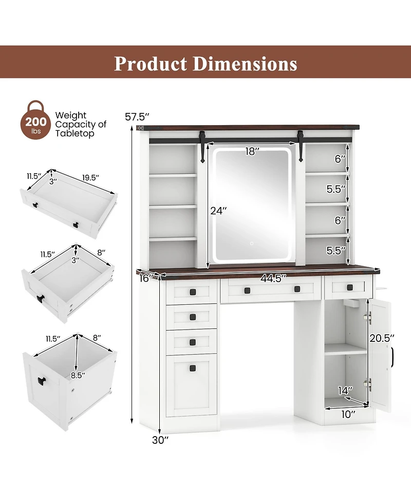 Gouun Farmhouse Vanity Desk with Barn-Style Sliding Mirror and 3 Lighting Modes