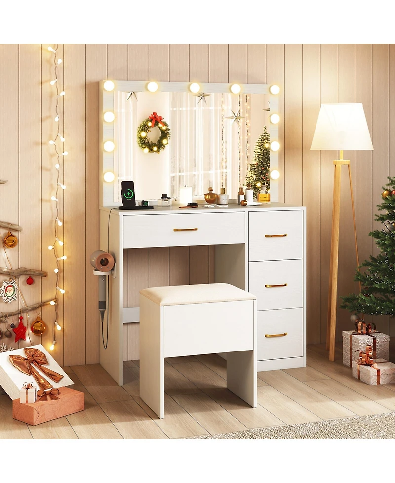 Gouun Vanity Desk with Led Lighted Mirror, 4 Drawers and Power Outlets