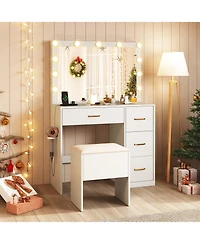 Gouun Vanity Desk with Led Lighted Mirror, 4 Drawers and Power Outlets