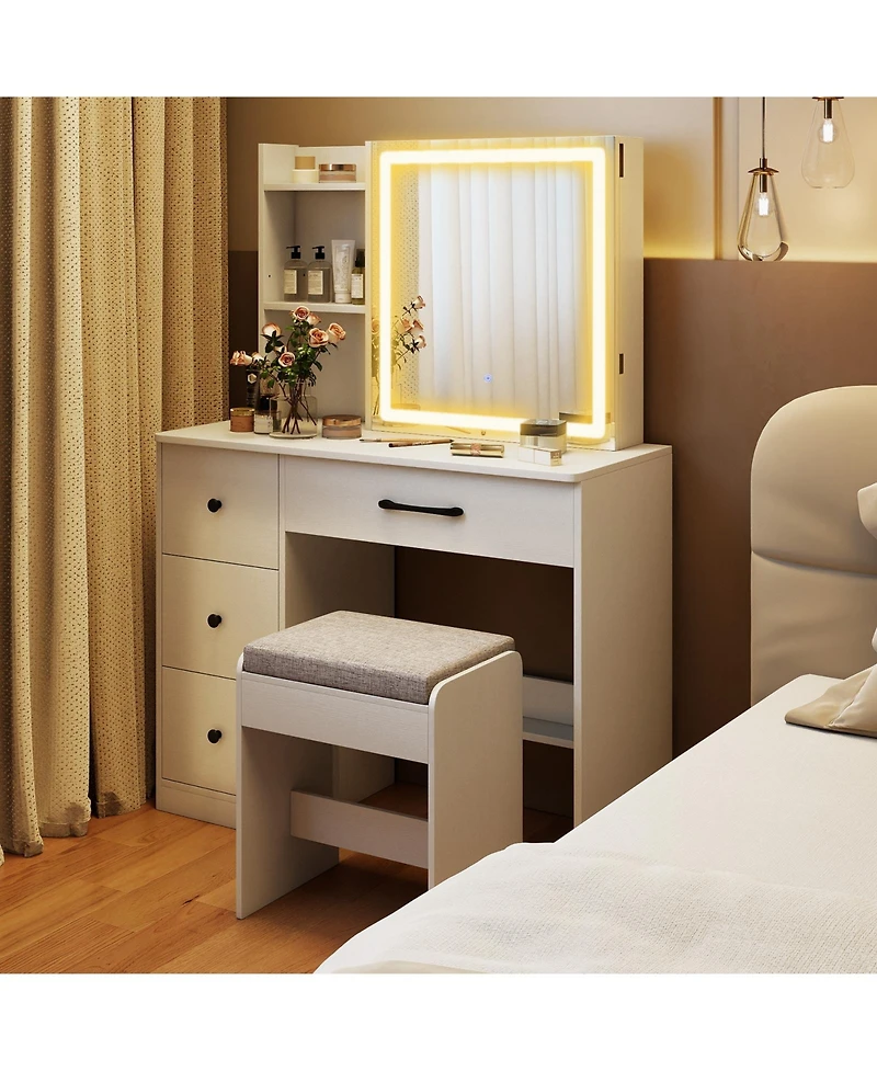 Gouun Vanity Desk with Sliding Mirror, Led Lights, 4 Drawers and Chair Set
