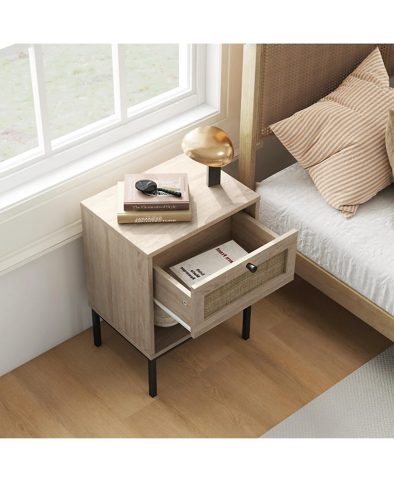 Gouun Rattan Nightstand Set of 2 with Drawer and Open Shelf, Boho End Table