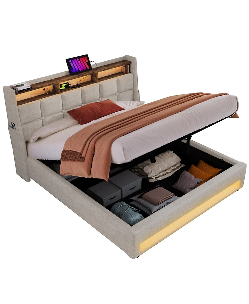 Lucky One Upholstered Platform bed with a Hydraulic Storage System, Led and Usb Charging