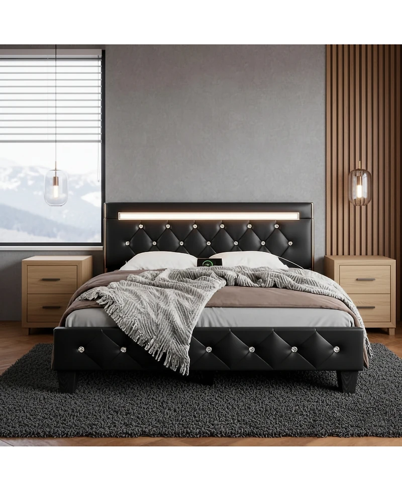 Lucky One Queen Size Bed Frame with Led Light and Charging Station