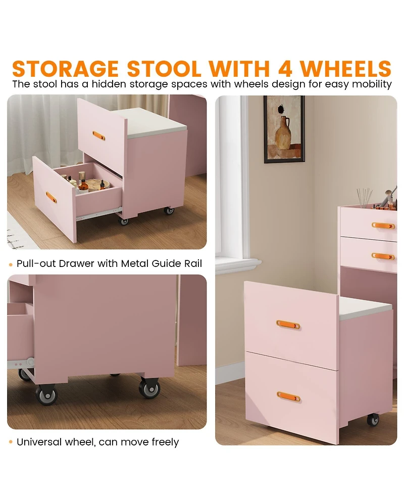 Homfan 3-in-1 Compact Vanity Desk with Mirror and Adjustable Led Lights, Dressing Table Set Storage Rolling Chair, For Girls' Bedrooms