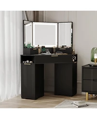 Homfan Corner Vanity, Vanity Desk with Mirror and Lights, Fluted Makeup Table Charging Station, Drawers, Storage Cabinets