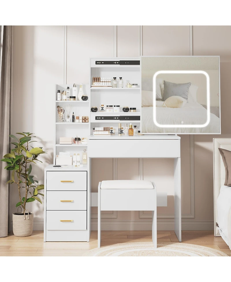 Homfan Modern Vanity Desk with Sliding Led Mirror, 4 Drawers, Power Outlet, Storage Shelves, Adjustable Lighting, Cushioned Stool
