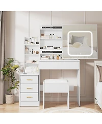 Homfan Modern Vanity Desk with Sliding Led Mirror, 4 Drawers, Power Outlet, Storage Shelves, Adjustable Lighting, Cushioned Stool