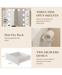 Homfan Makeup Vanity Desk with Mirror 12 Led Lights, Power Outlet, 2 Drawers, 6 Shelves, Hair Dryer Holder and Stool for Bedroom