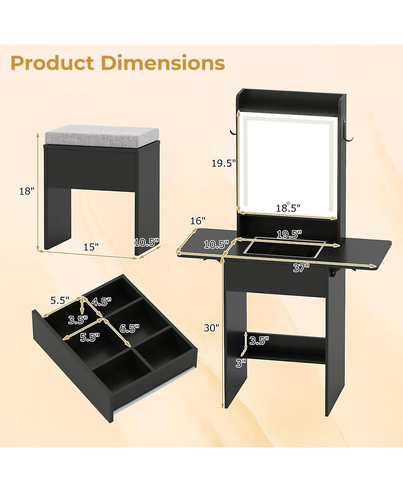 Gouun Space-Saving Vanity Desk with Led Mirror, Drop-Leaf Extension and Stool