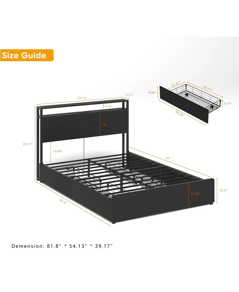 Lucky One Full Bed Frame, Storage Headboard with Charging Station, Solid and Stable, Noise Free