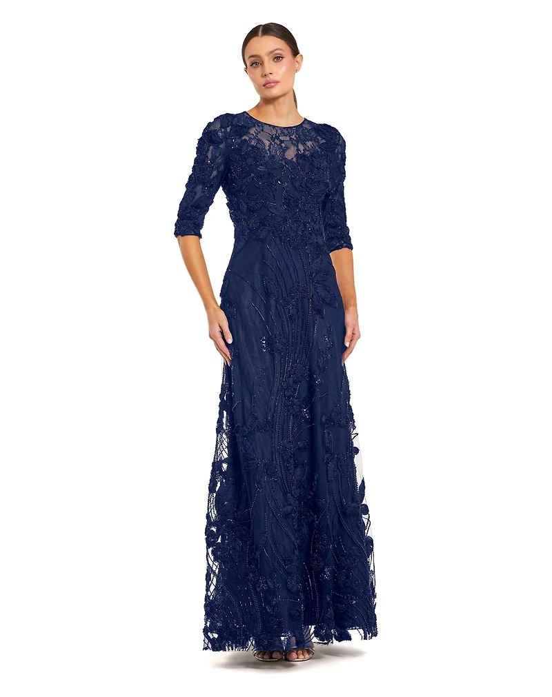 Mac Duggal Petite High Neck Embellished Lace Gown with 3/4 Sleeves
