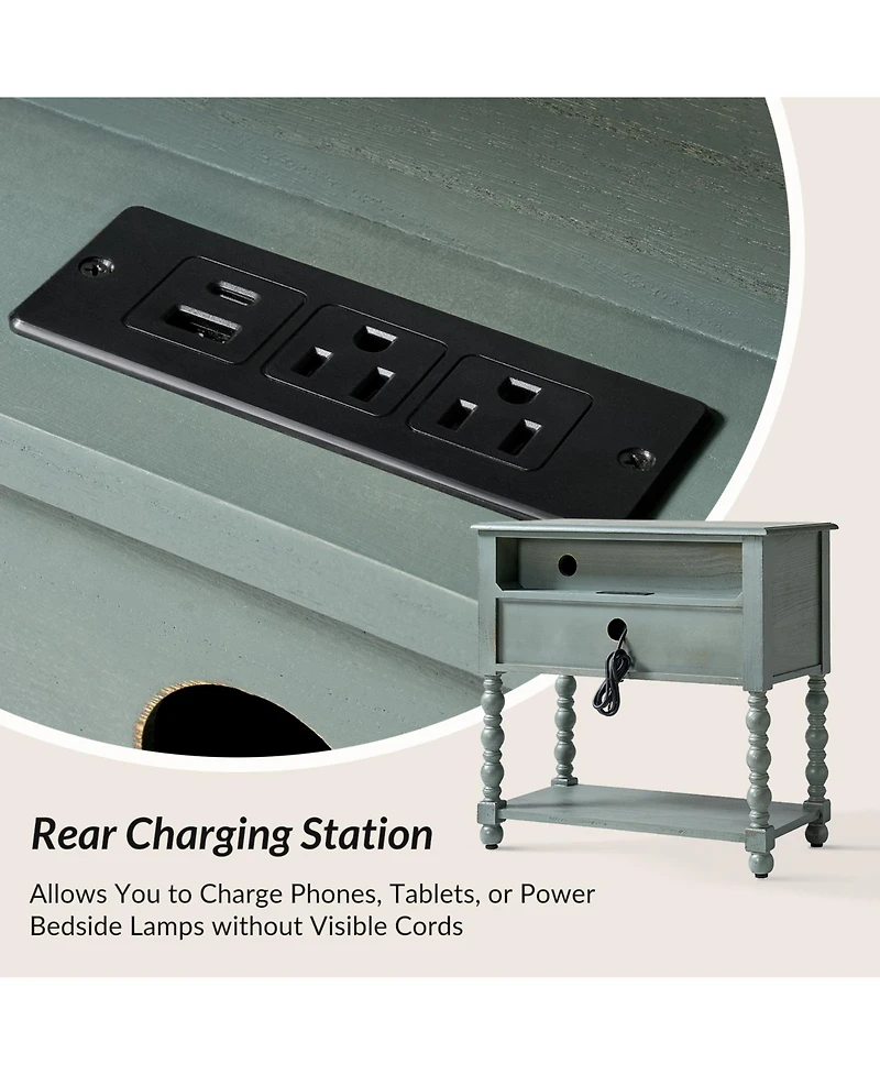 Hulala Home Aristidh Traditional 30"Tall Solid Wood 2-Drawer End Table with Built-in Charging Outlets