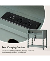 Hulala Home Aristidh Traditional 30"Tall Solid Wood 2-Drawer End Table with Built-in Charging Outlets