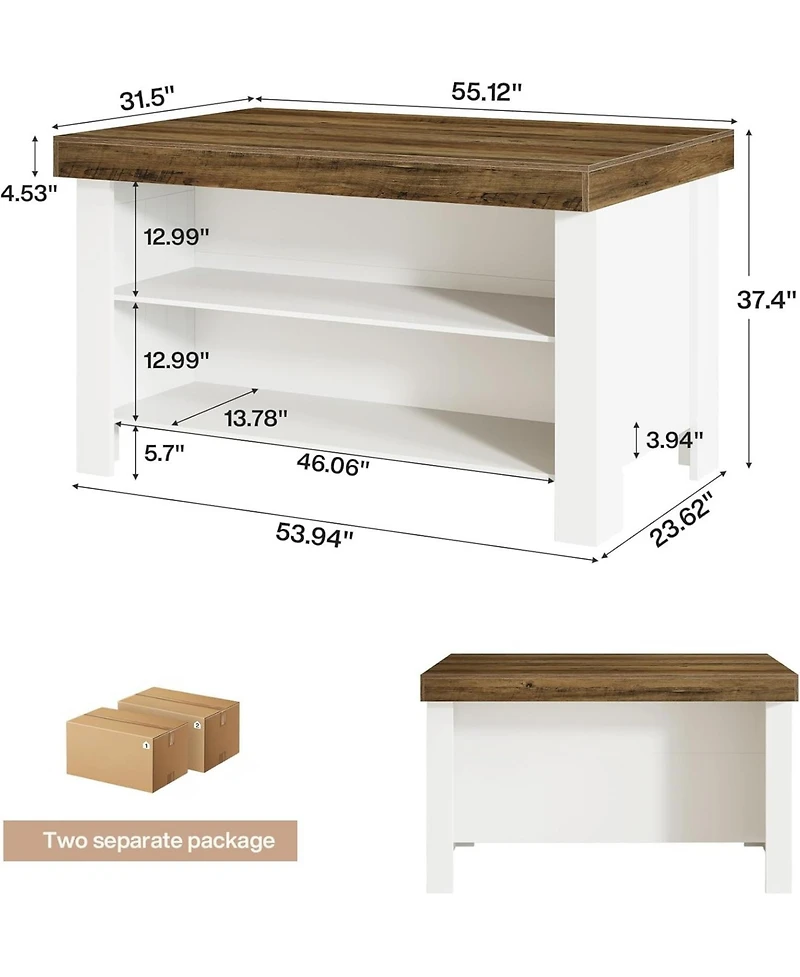 Tribesigns Two-Tone Kitchen Island Table with Storage Shelves, 55 Inch Counter Height Bar Table with Wood Look Top