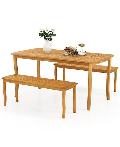 Sugift 3 Piece Patio Dining Set with Acacia Wood Table and Benches
