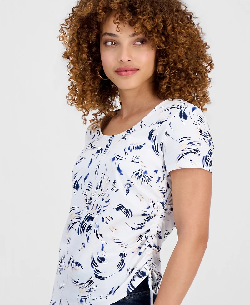 I.n.c. International Concepts Petite Cotton Floral-Print Asymmetric Side-Tie Top, Macy's Exclusive