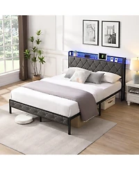 Lucky One Full Bed Frame with Storage Headboard, Charging Station and Led Lights