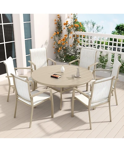 Mondawe 7-Piece Sandstone Outdoor Dining Set with 6 Ergonomic Textilene Chairs & Round Table Umbrella Hole