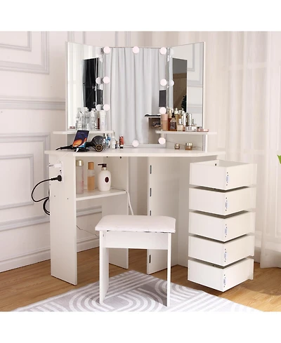 Homfan Corner Makeup Vanity Desk with Led Mirror - 3-Color Lighting, 5 Rotating Drawers, Power Outlet, Open Shelves and Stool, Dressing Table