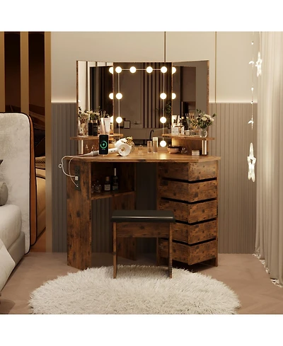 Homfan Corner Makeup Vanity Desk with Led Mirror - 3-Color Lighting, 5 Rotating Drawers, Power Outlet, Open Shelves and Stool, Dressing Table